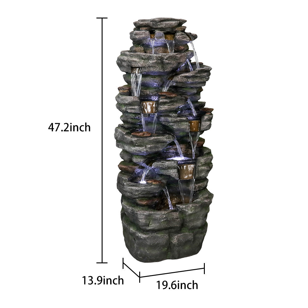 47.2"H 9-Tiered Rock Outdoor Fountain with LED Lights