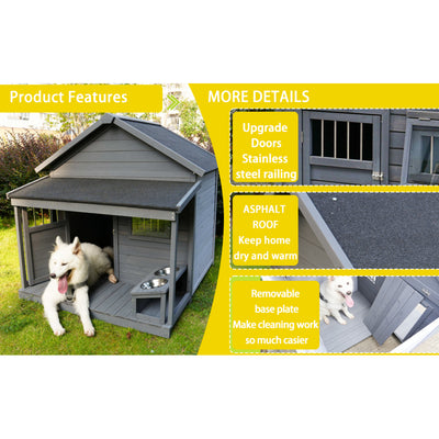 Large dog house, long 44.2" x wide 44.6" x high 44.6" Solid wood asphalt roof dog house with large terrace for large dogs, weatherproof large dog house (improved),Small wooden doors that can be locked