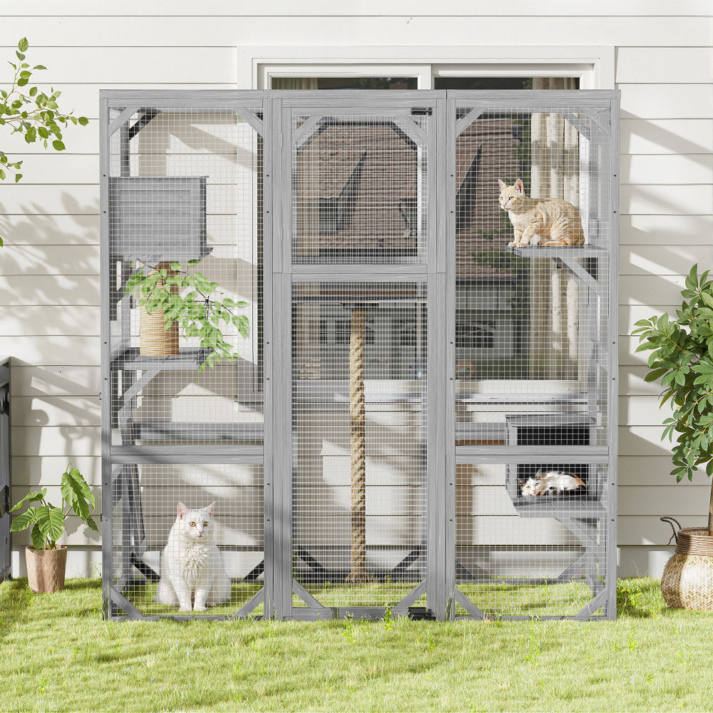 Outdoor Cat House, DIY Cat Enclosure, Cat Catio with Double Enter Doors, 62.8"L x 32.2"W x68.5"H Balcony Cat Playpen with Platforms and Two Condos for 1-3 Cats, Light Grey
