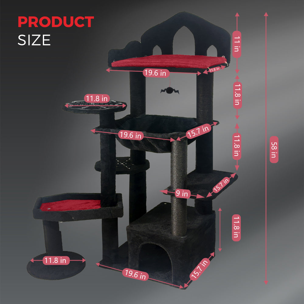 Black Gothic Cat Tree, Multi-Level Spooky Cat Tree with Scratching Posts, Perches, Hammock, and Cat Cave - Black Cat Tower for Indoor Cats with Interactive Toy, Perfect for Multiple Cats 58in