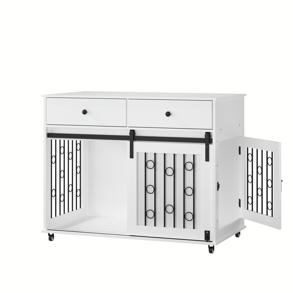 39.37'' Modern Wooden Dog Crate Furniture with Double Drawers and Sliding Barn Door, Decorative Pet Kennel End Table with Lockable Wheels, Stylish Dog Cage for Small to Medium Dogs – White