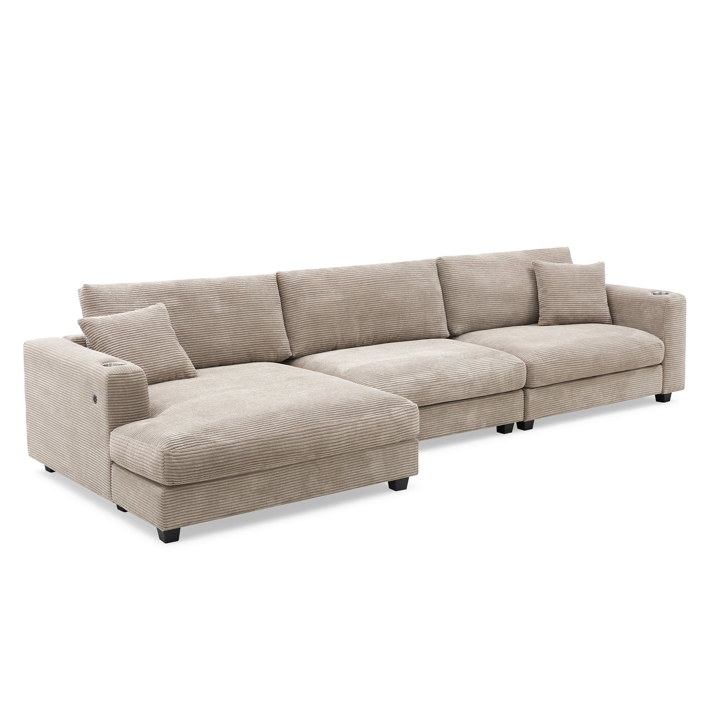 Oversized Corduroy Sectional Sofa with USB Charging Port and Cup Holder, L Shaped Cloud Couch, 134*54 Inches, Comfy Indoor Furniture in 3 Colors