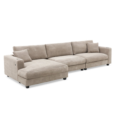 Oversized Corduroy Sectional Sofa with USB Charging Port and Cup Holder, L Shaped Cloud Couch, 134*54 Inches, Comfy Indoor Furniture in 3 Colors