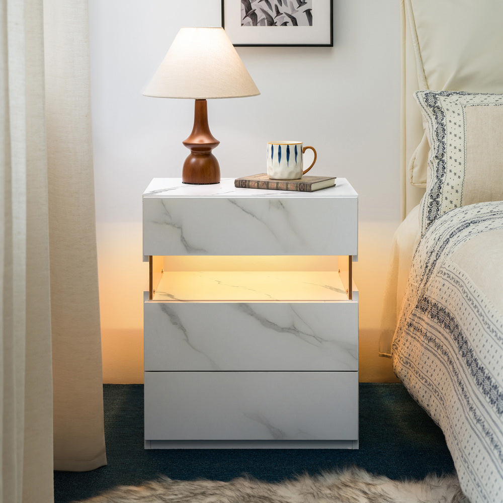 SunJet LED Nightstands 3 Drawer Dresser for Bedroom End Table with Acrylic Board LED Bedside Tables for Bedroom Living Room Bedside Furniture (White)