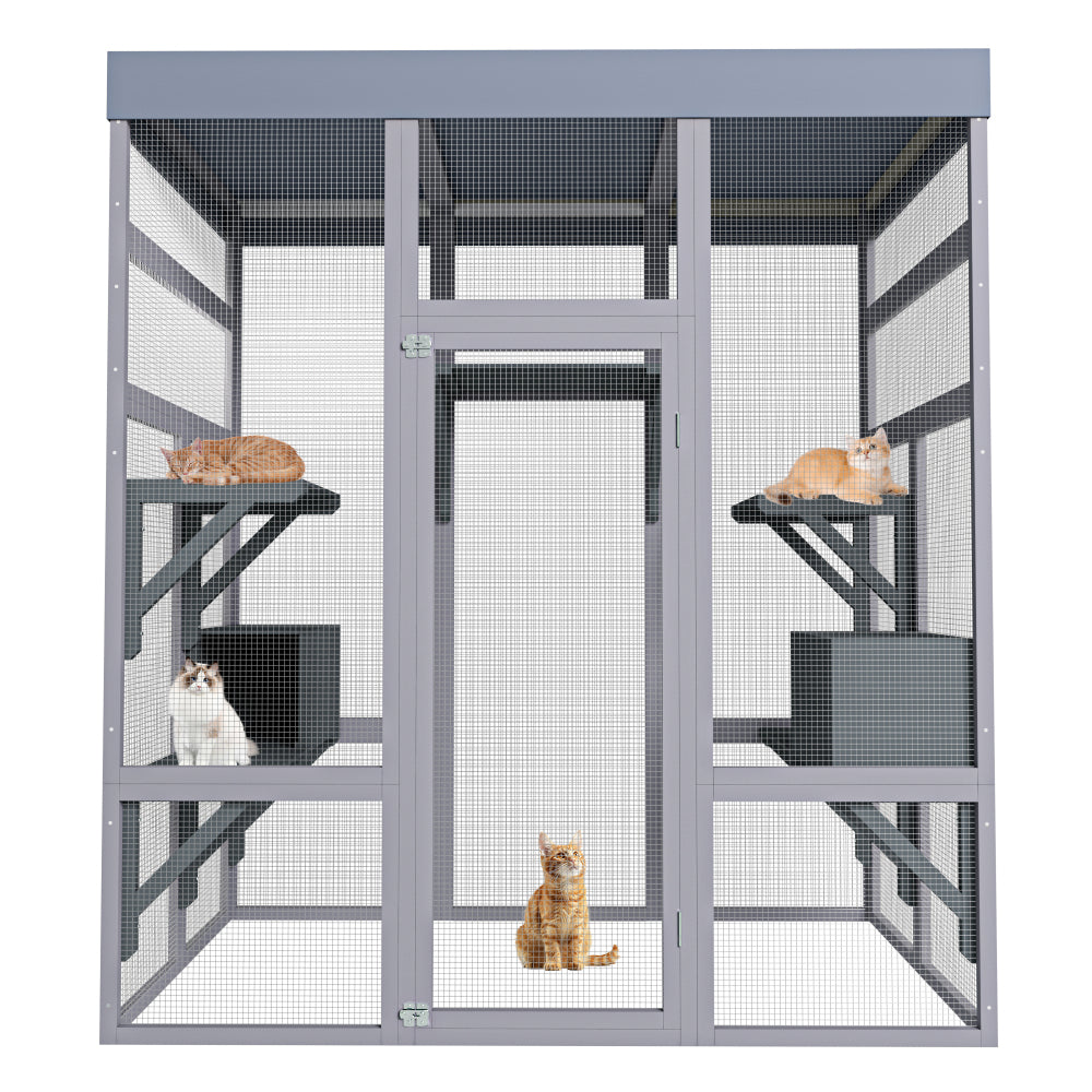 62.6" Wooden Outdoor Catio for Cats, Large Cat Enclosure with Waterproof Roof, 2 Napping House, Platforms & Rust-Proof Wire – Secure Pet Cage for Backyard or Patio