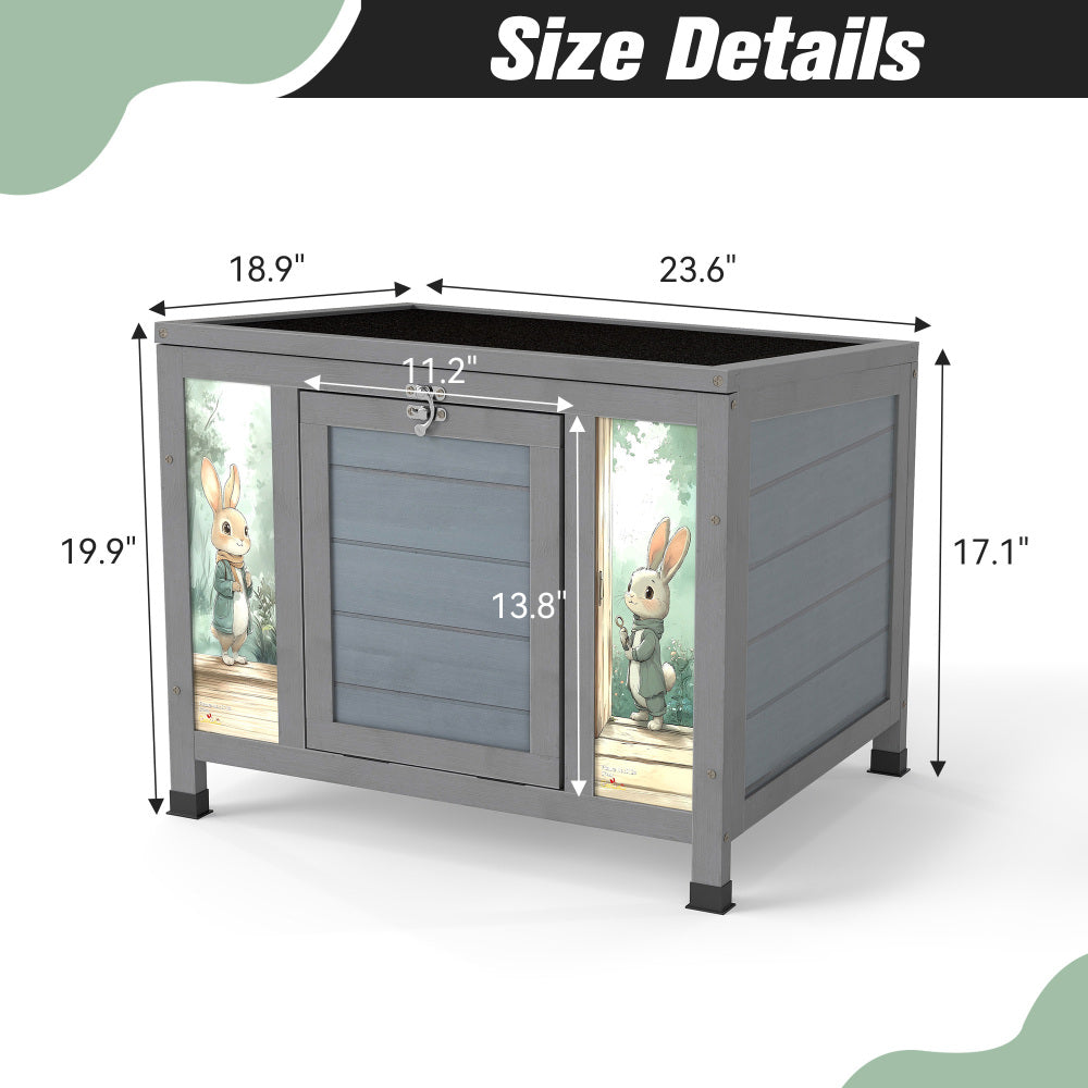 Small Outdoor Wooden Rabbit Hutch with Lockable Door & Weatherproof Roof, Openable Top, Bunny Cage Pet House for Rabbits, Guinea Pigs Cats Chicks , Gray with Colorful Patterns