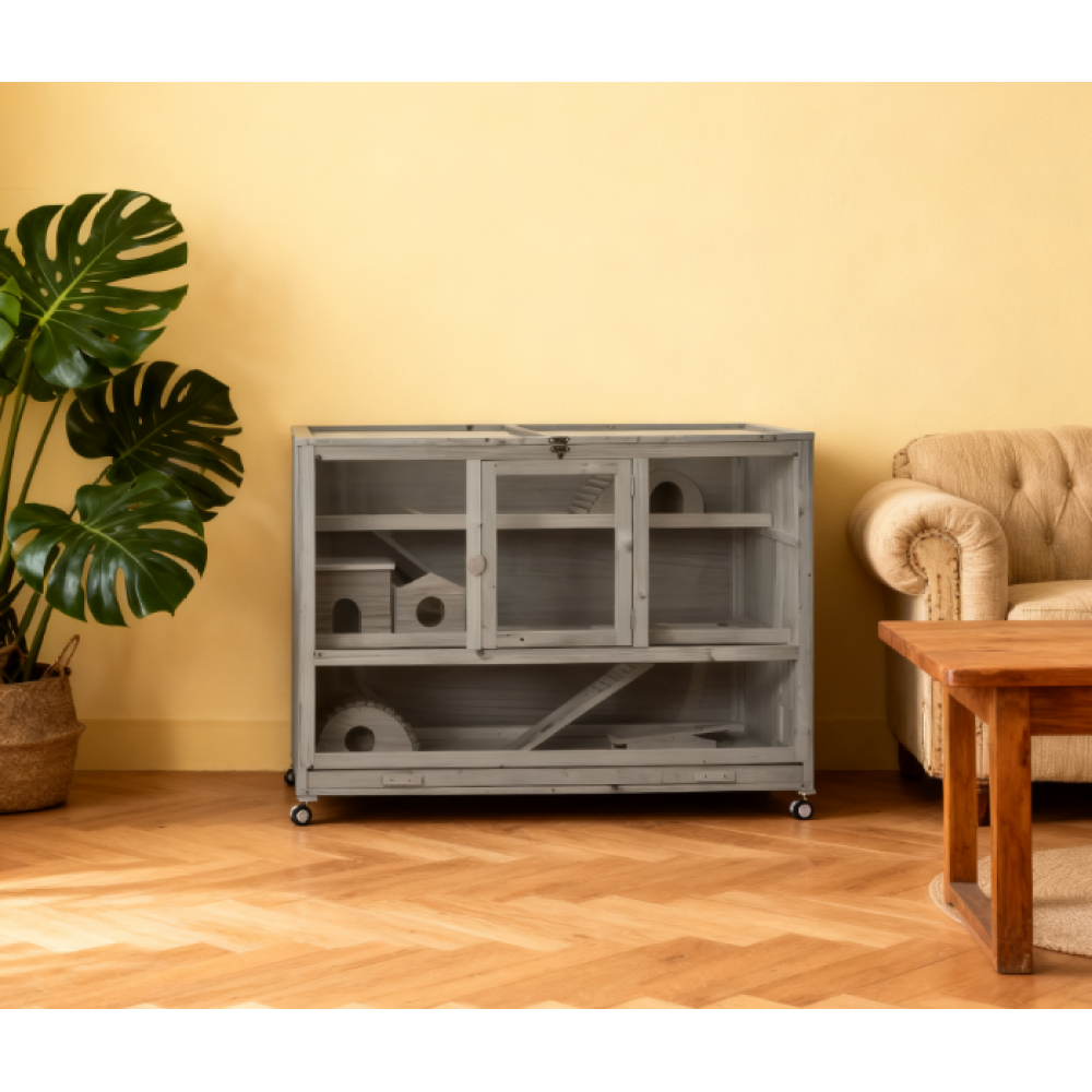 Wooden 3-Tier Hamster Cage Hutch Box with Ladder Wheels, Dark Gray