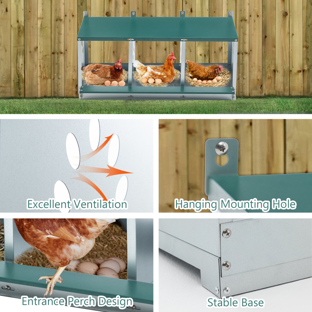 Metal Nesting Boxes for Chicken,3 Compartment Nesting Box,Galvanized steel Nesting Boxes for Hens, Easy to Assemble