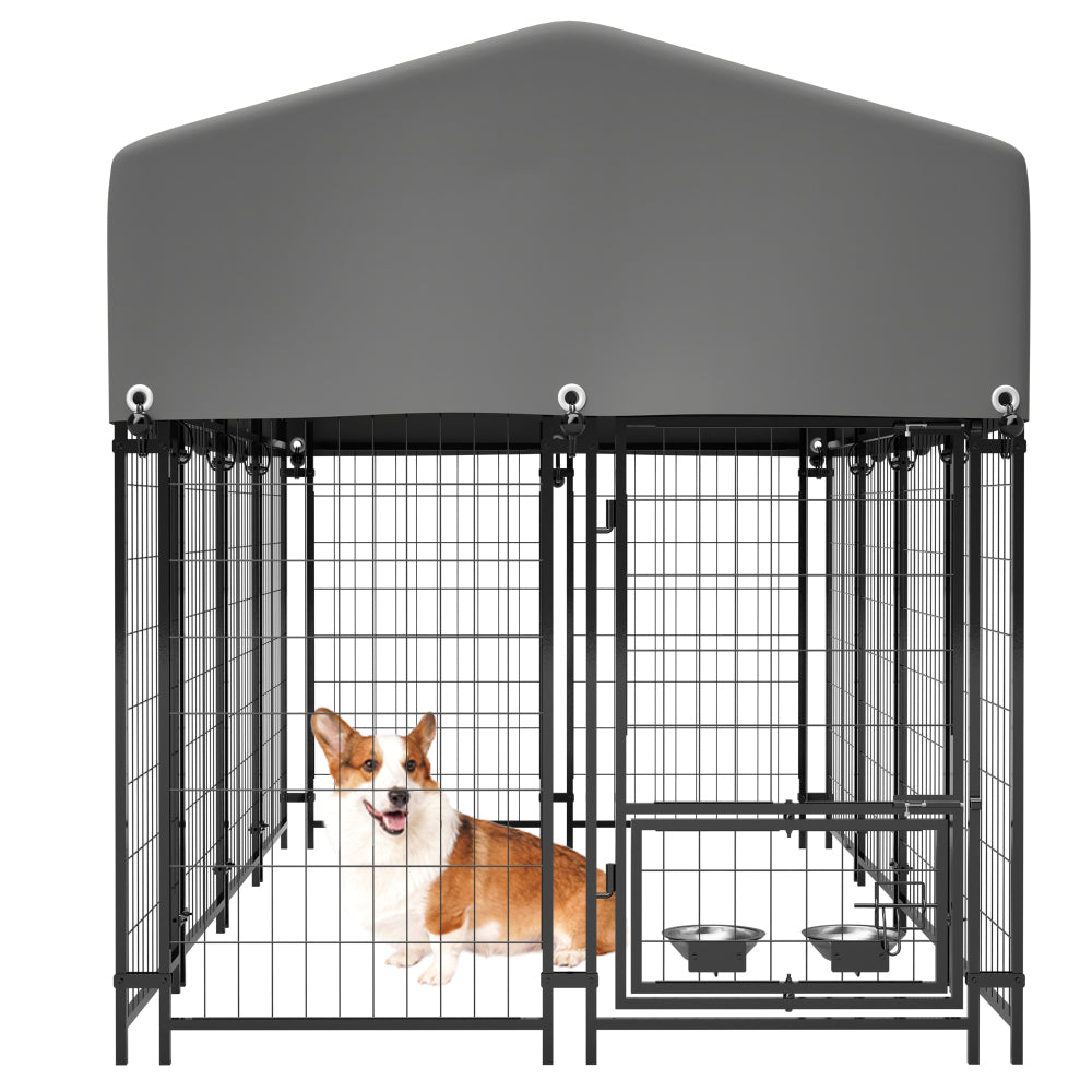 Dog Kennel Outdoor with Roof, 4.23'x5.82'x4.83' Welded Wire Enclosure, Heavy Duty Dog Crate with UV-Resistant Waterproof Cover, Double Lock & Rotating Feeder