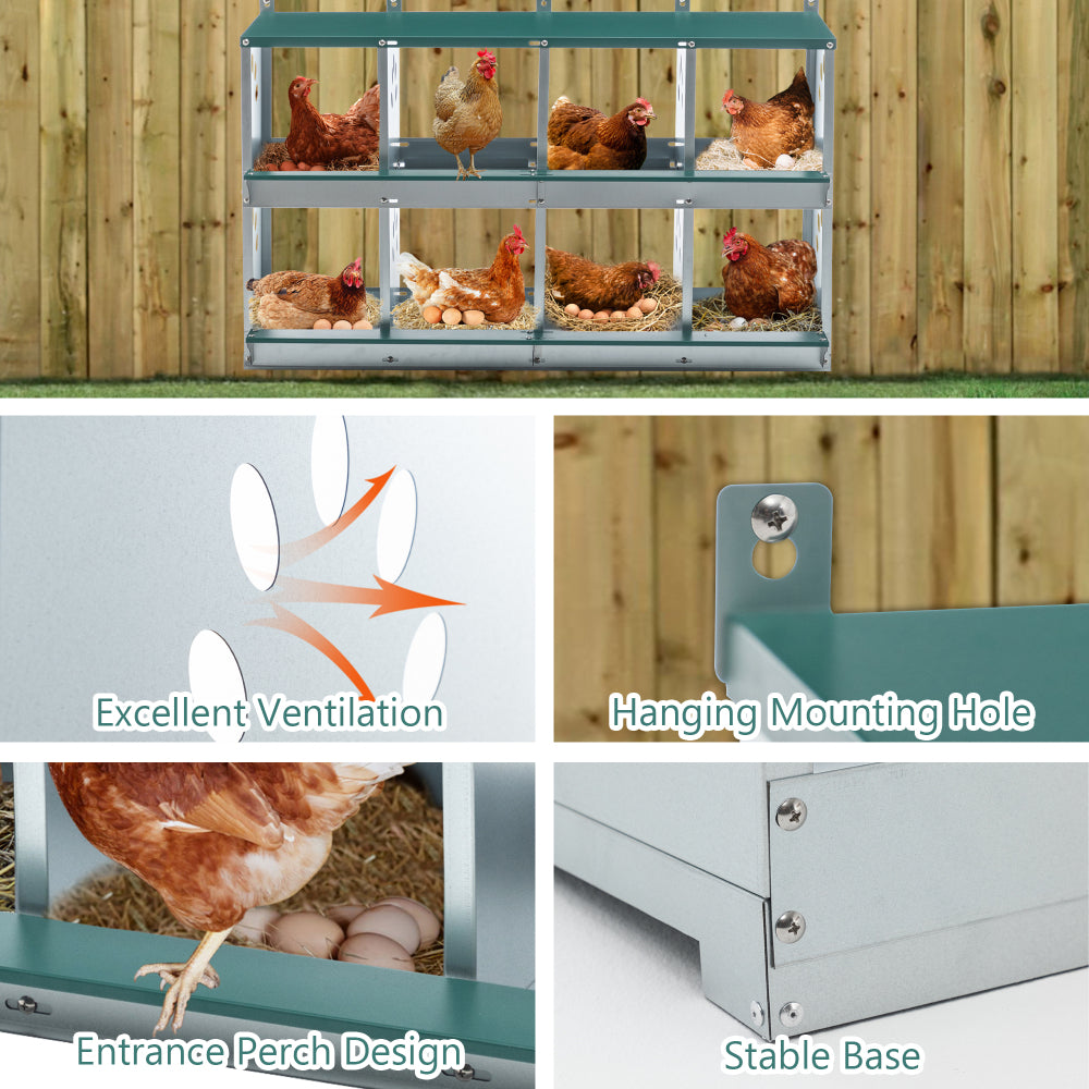 8 Compartment Chicken Nesting Boxes,For Laying Eggs, Metal Poultry Nest Box Wall Mount for Chickens, Hens, Large Vented Holes Chicken Coop Box