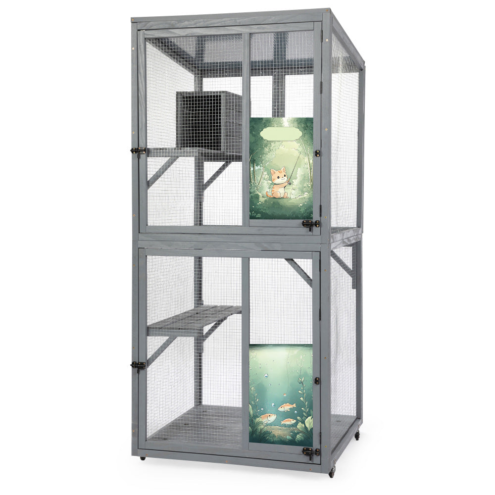 70-Inch Cat Window Catio House, Outdoor Wood Cat Enclosure with Wheels, Platforms, Resting Condo, Lockable Doors, Sunshine Roof, Personalized Color Panels, Gray
