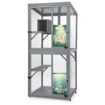 70-Inch Cat Window Catio House, Outdoor Wood Cat Enclosure with Wheels, Platforms, Resting Condo, Lockable Doors, Sunshine Roof, Personalized Color Panels, Gray
