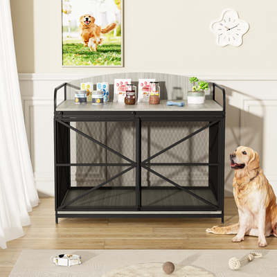 GO 42.8" Heavy Duty Large Dog Crate Furniture for Large Medium Dog, Farmhouse Wooden Dog Kennel Indoor End Table, Decorative Pet House for Large Dogs, Gray