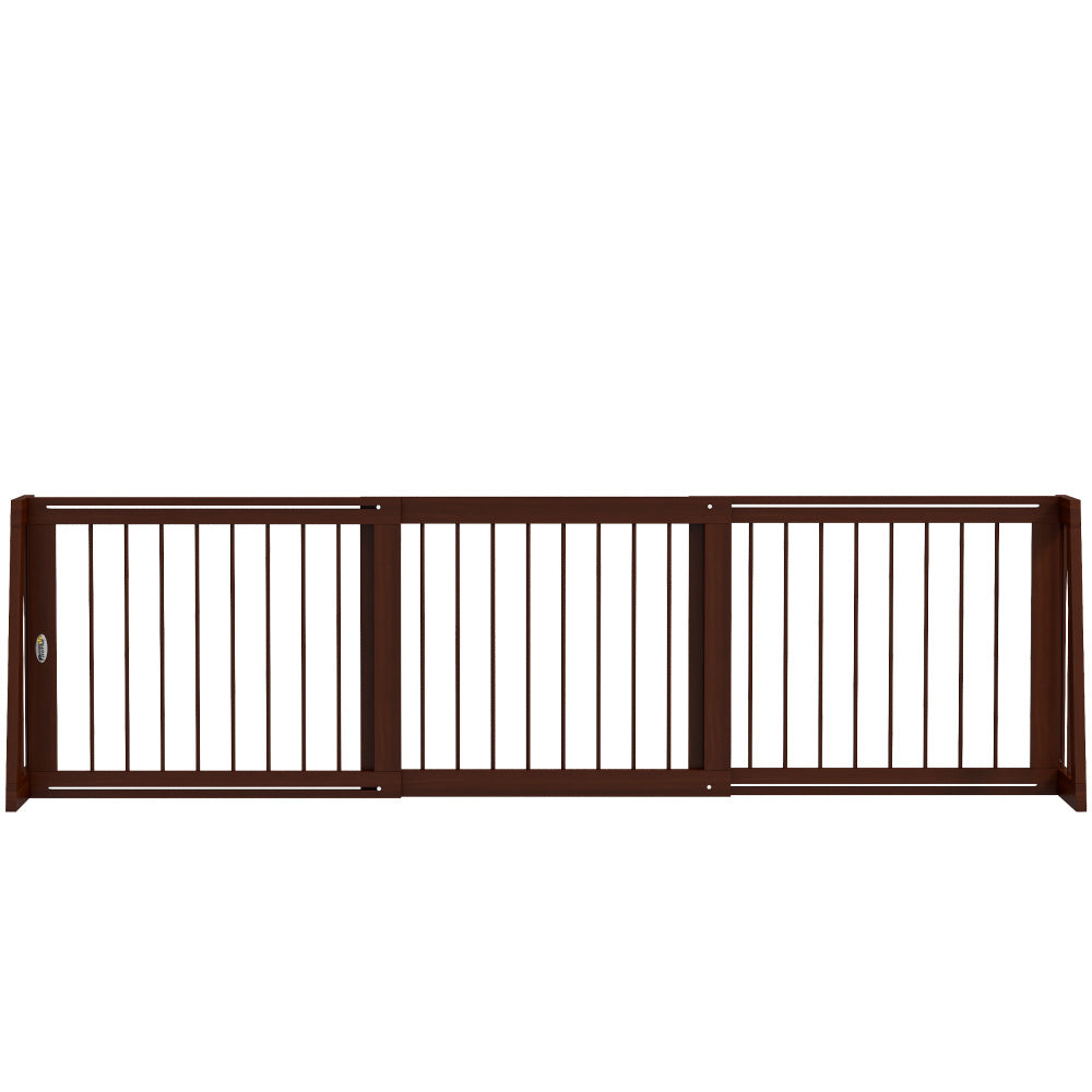 PawHut Freestanding Pet Gate, Wooden Dog Gate with 28"-75" Retractable Length, Support Feet, Non-Slip Mats, 3 Panel Pet Gate for Indoor, Stairway, Doorway, Brown