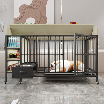 Large pet cage with storage rack, drawers with stainless steel food and water basin, made of iron frame and MDF material, sturdy, exquisite, and practical (black+beige)