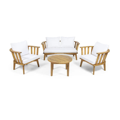 4-Pieces Acacia Wood Patio Furniture Set, Outdoor Furniture with Coffee Table, Patio Conversation Set Deep Seating with Soft Cushion, Porch Chairs for Backyard Porch Balcony, Teak Finish, White