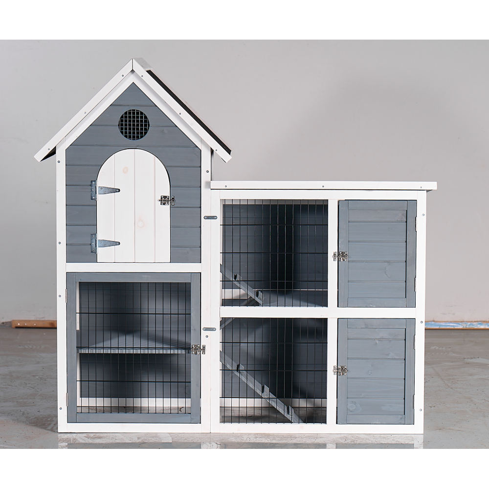 Large Outdoor Chicken Coop Cage, Weatherproof 2-Story Chicken Coop & Rabbit Hutch, Wooden Indoor/Outdoor Pet House with No-Leak Tray, Waterproof Roof & Pull-Out Tray (50.98" L × 48.23" H, Grey, Blue &