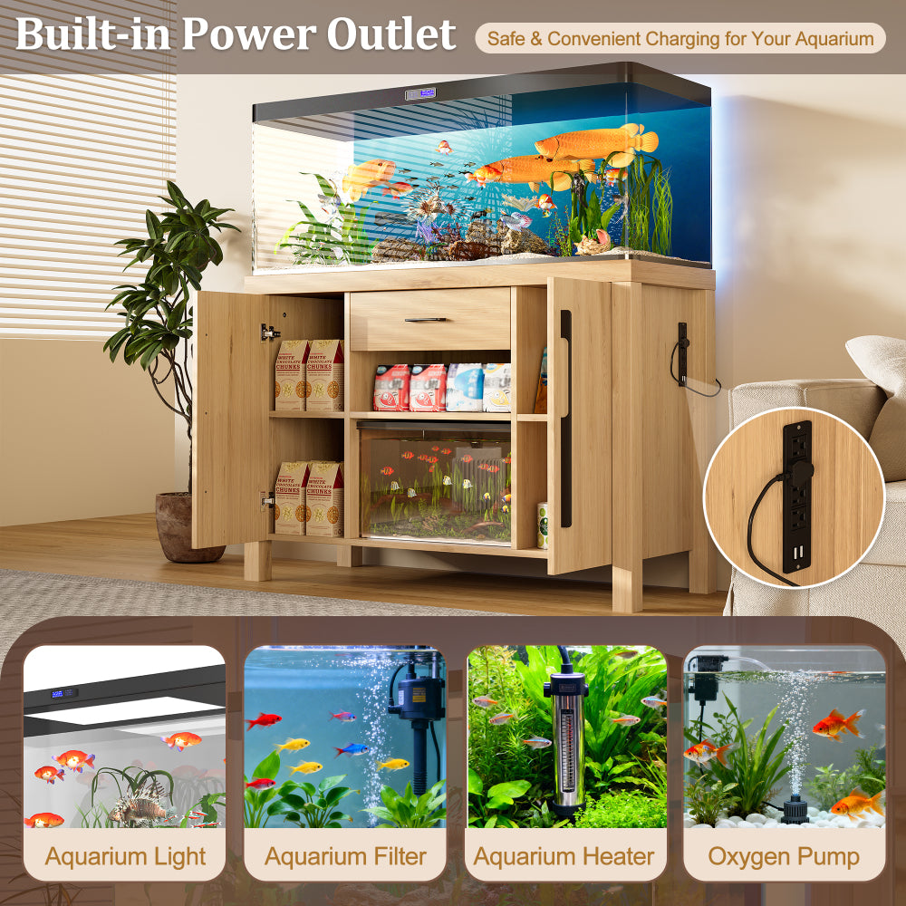 55-75  Gallon Fish Tank Stand with Power Outlets, Heavy Duty Aquarium Stand with 2 Cabinets and Storage Drawer for Fish Tank, Thickened Tabletop and Stand, Reptile Terrarium, 880LBS Capacity, Natural
