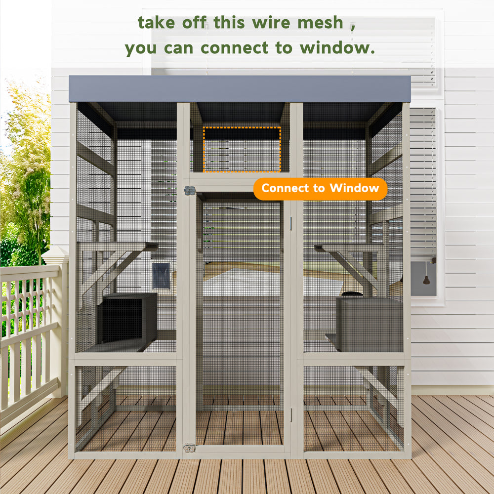 Gray Wooden Catio Outdoor Pet Enclosure with Waterproof Top, Spacious and Secure Cat House & Small Animal Cage,2 Napping Boxes