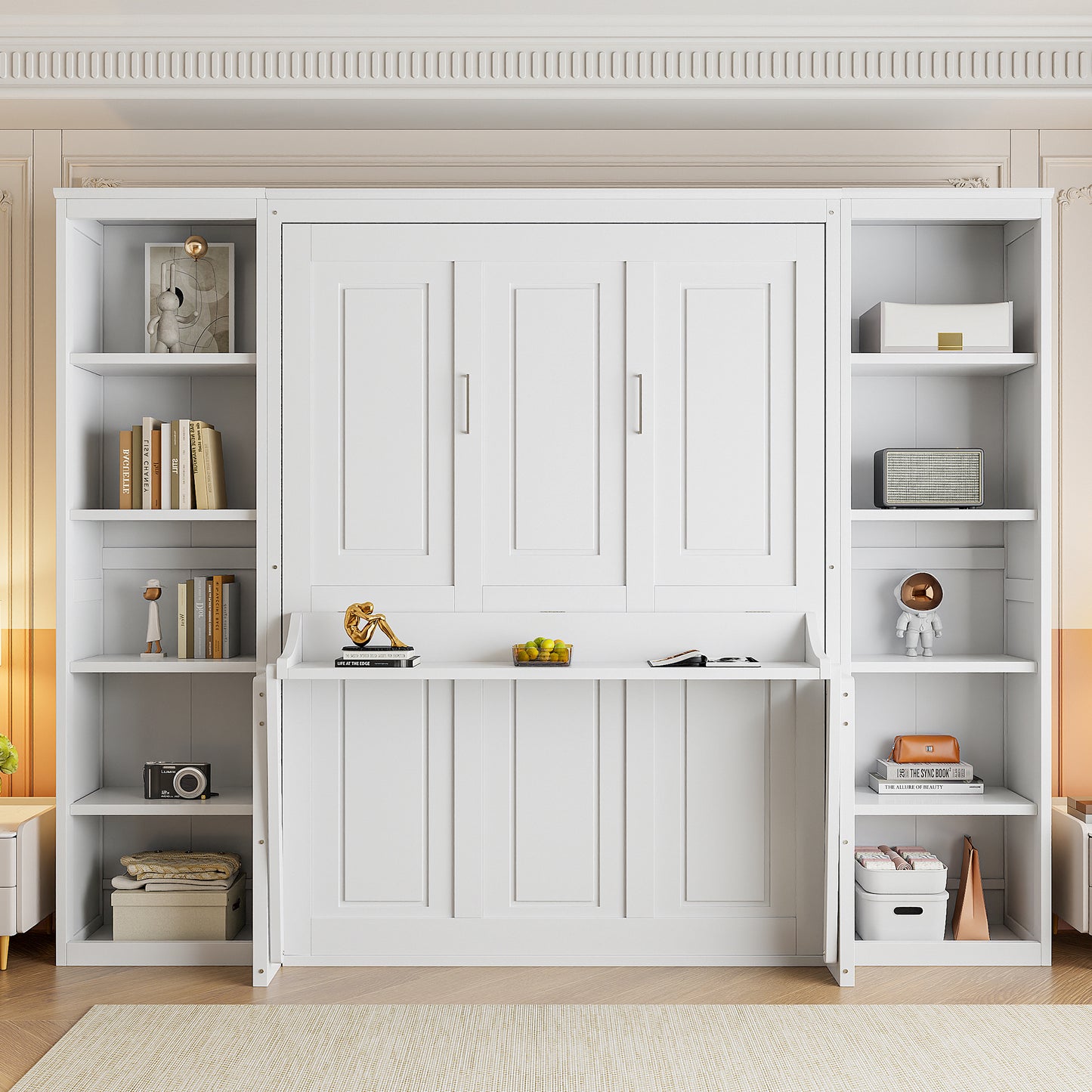 Full Size Murphy Bed with Desk and Bookshelf, White
