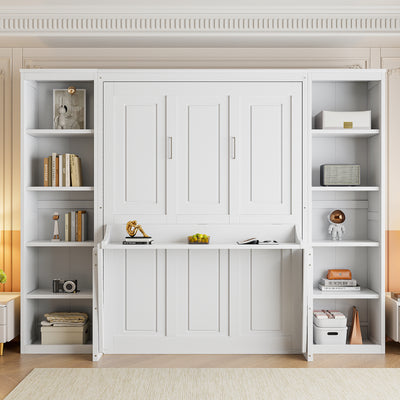 Full Size Murphy Bed with Desk and Bookshelf, White