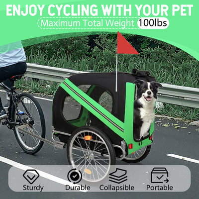 Large Folding Bike Trailer for Dogs – 100LB Capacity All-Terrain Pet Carrier, Durable Steel Frame for Cycling, Jogging, Camping & Outdoor Adventures, Black- Green