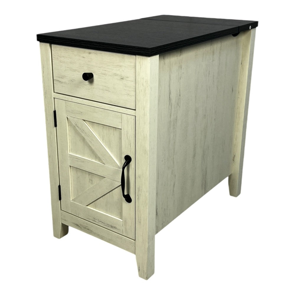 SunJet Farmhouse End Table Bedside Table with Charging Station,Night Stand with Barn Door and Drawer, Storage for Bedroom Living Room ,Bedside Table,  White+Black color