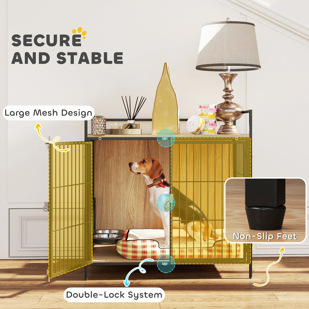 Indoor Pet Kennel Side Table with Rotatable Bowls, 2 Anti-Escape Doors,Oak