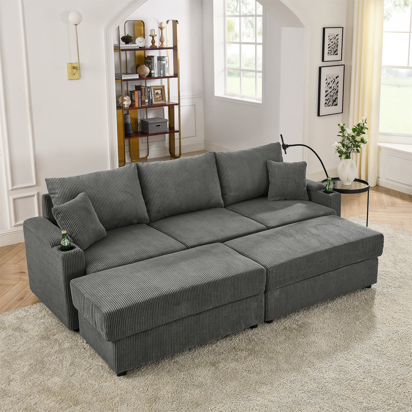 Modern Sofa bed with Storage, with  2 Ottomans, Deep Seat Sofa with Cup Holders & Phone Holder , Beige Corduroy Couch for Living Room