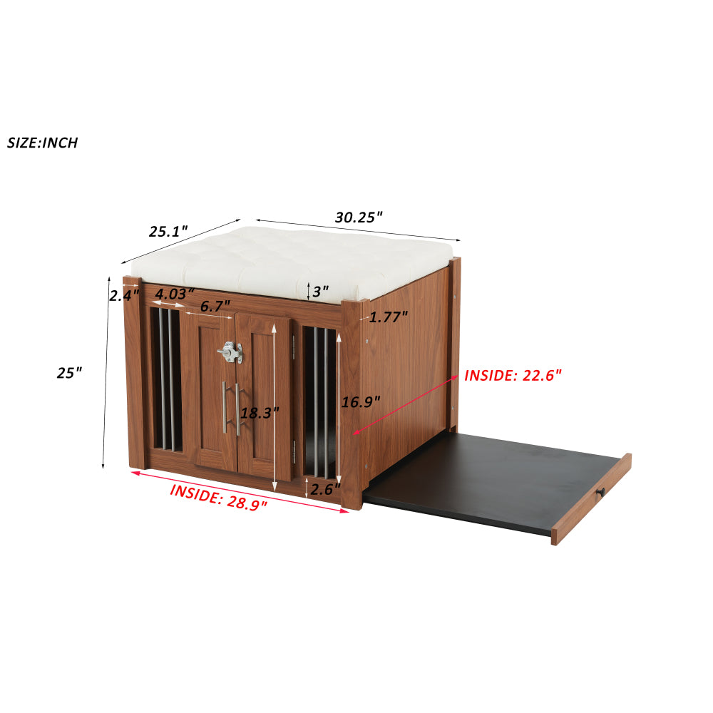 30.25"L, 2 in 1 Night Stand with Storage & Dog Crate, Luxury Wooden Side Table Dog Kennel, End of Bed Bench Ottoman with Removable Cushion for Bedroom, Living Room, Walnut