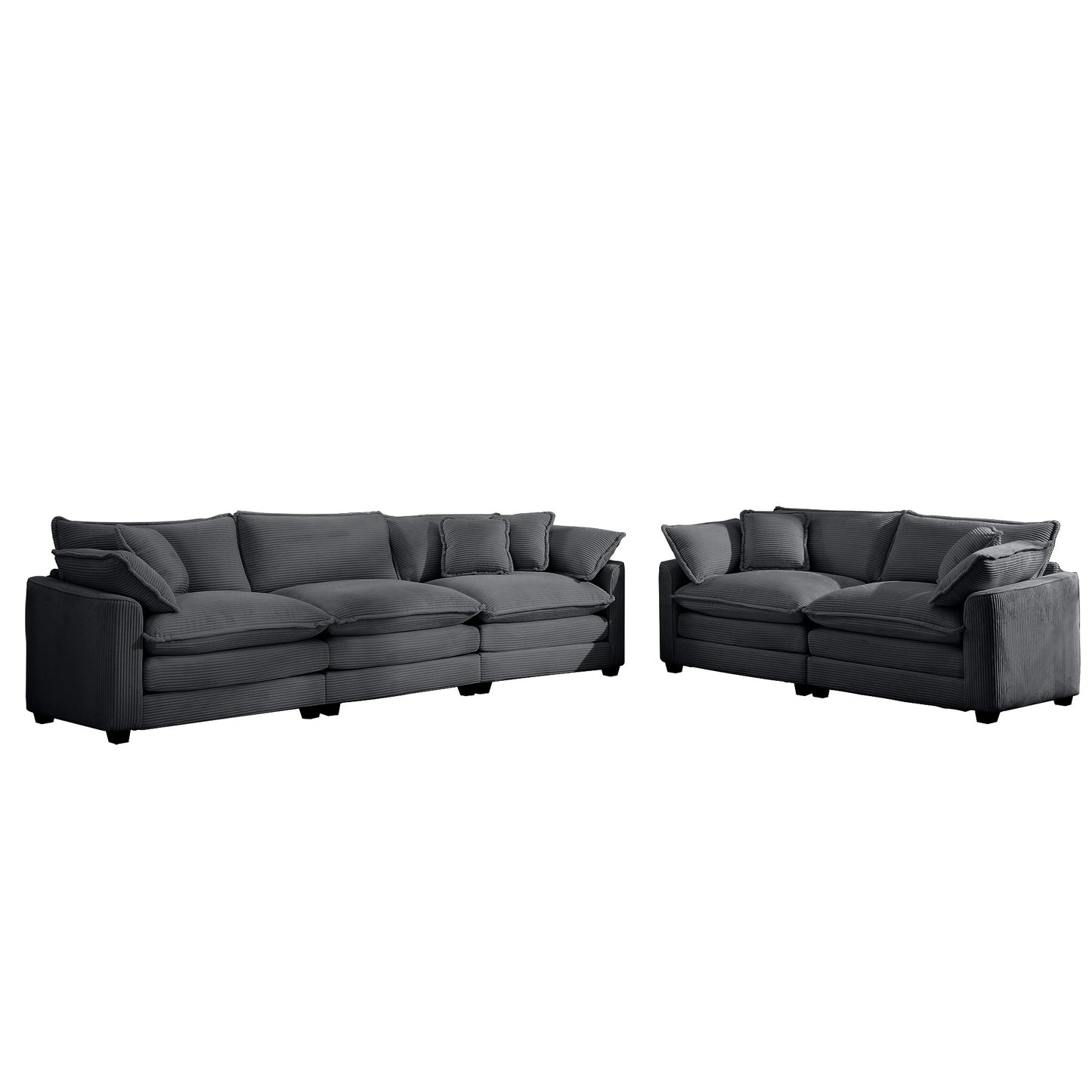 Modern Living Room Sofa Set with 2 Seater Sofas, Deep Recliner, Grey Corduroy Fabric