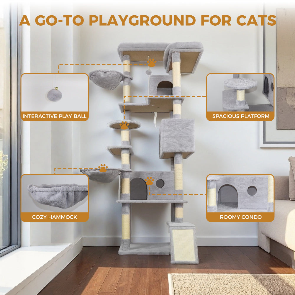 84.6 in Light Gray Cat Tree Tower with Wide Base, 3 Large Hinding Condo,  11 Sisal Scratching Post, Sisal Scratching Ladder,  2 Hammocks, Large Top Platform,  Many landing Perch and Interactive toy
