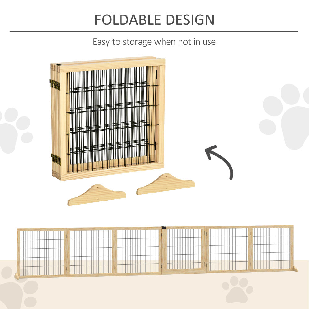 PawHut Wooden Dog Gate, 170" Freestanding Pet Gate, 6-Panel Foldable Dog Safety Barrier with 2 Support Feet for House Doorway Stairs, Small and Medium Dogs, Natural Wood