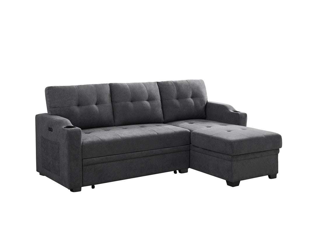 Mabel 83' Dark Gray Woven Fabric Sleeper Sectional with cupholder, USB charging port and pocket