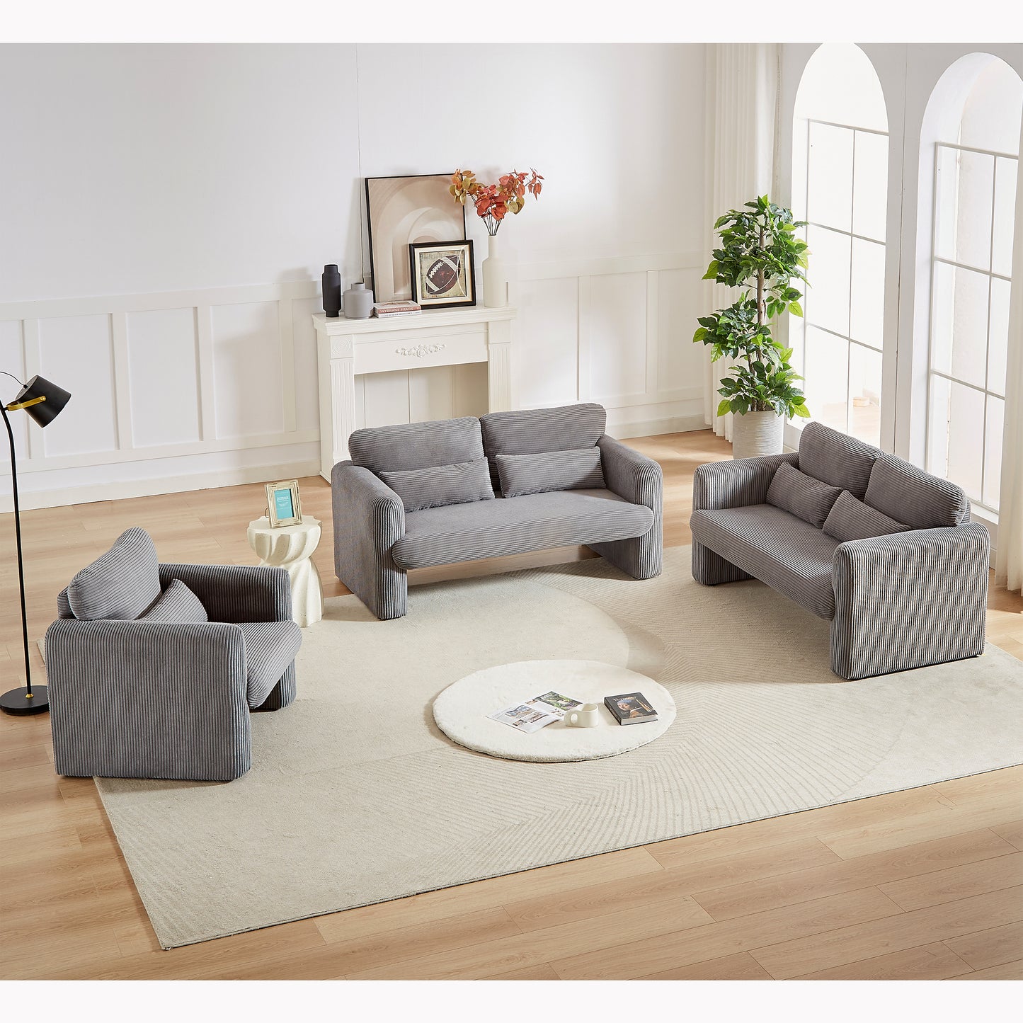 Two 60'Corduroy Fabric  Sofa with 33' Single Sofa, Modern  Sofa with Support Pillow, for Apartment, Office, Living Room & Bedroom