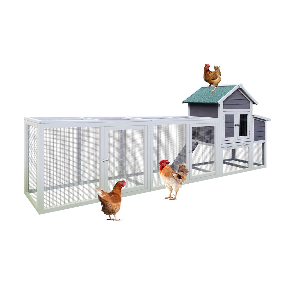 Gray Wooden Chicken Coop Outdoor Hen House with Run, Waterproof Roof & Nesting Box, Rabbit Duck Poultry Cage with Perch, Sliding Tray, and Secure Locks