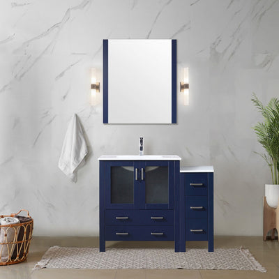 Navy Blue Bath Vanity 42 in. W x 18.25 in. D, with Side Cabinet, White Ceramic Top, and 28 in. Mirror