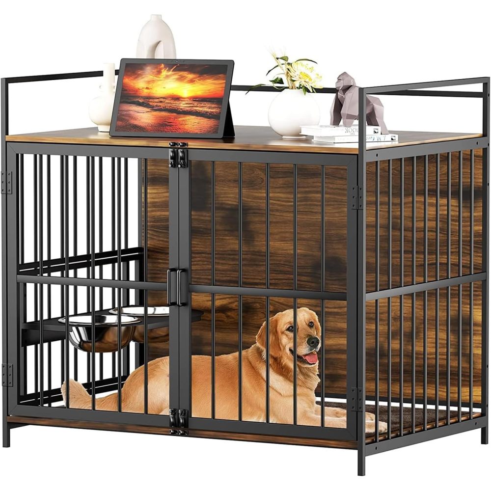 Furniture Style Large Dog Crate with 360° & Adjustable Raised Feeder for Dogs 48"
