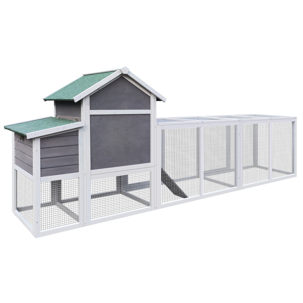Gray Wooden Chicken Coop Outdoor Hen House with Run, Waterproof Roof & Nesting Box, Rabbit Duck Poultry Cage with Perch, Sliding Tray, and Secure Locks