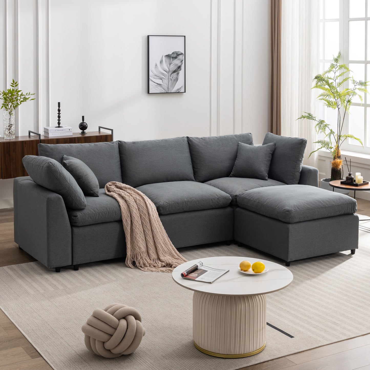 [ Video Provided]U_STYLE Down Filled Upholstery Convertible Sectional Sofa, L Shaped Couch with Reversible Chaise