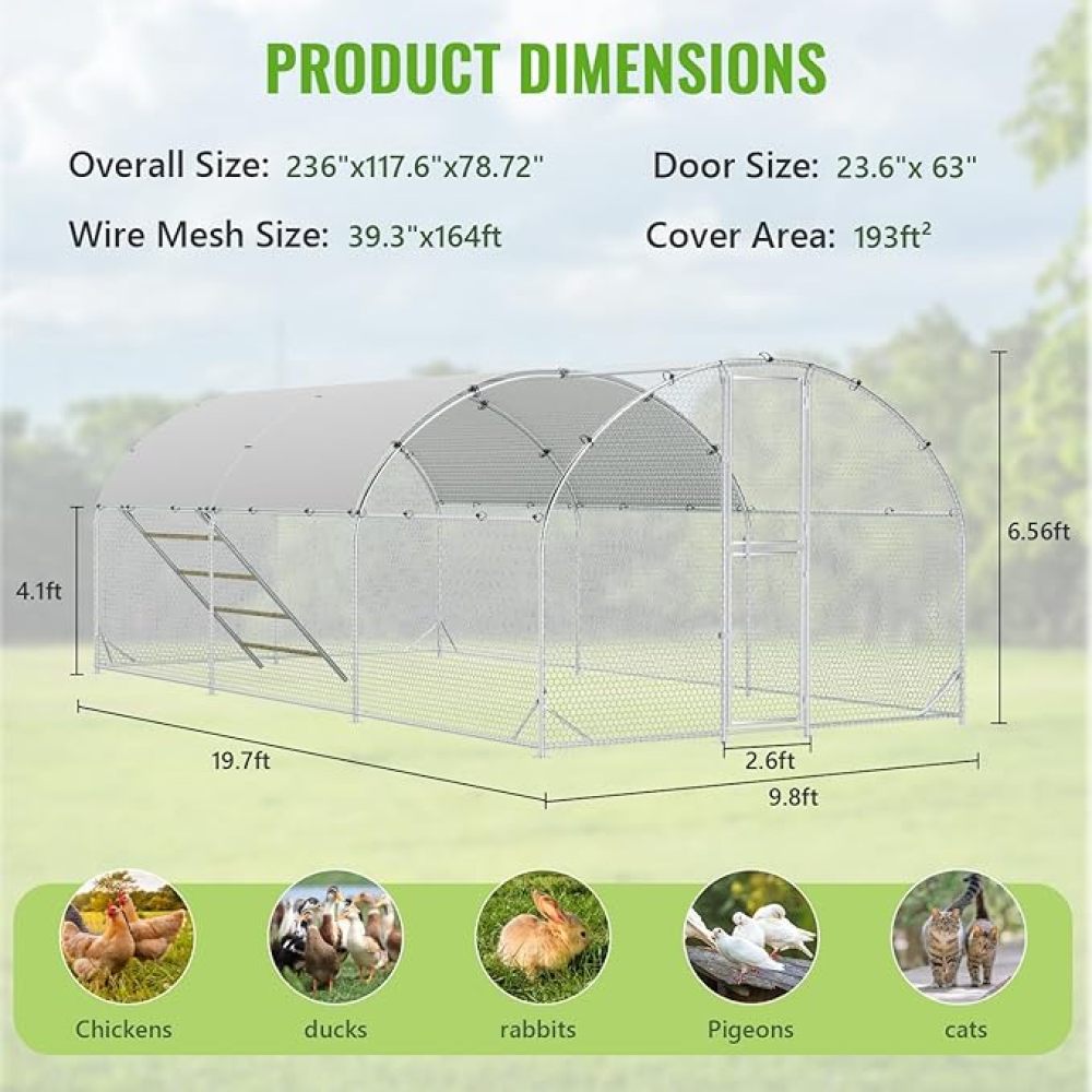 Large Metal Chicken Coop, 10x20x6.5FT Dome Chicken Runs for Yard with Cover, Walk in Chicken Coop with Roosting Perch