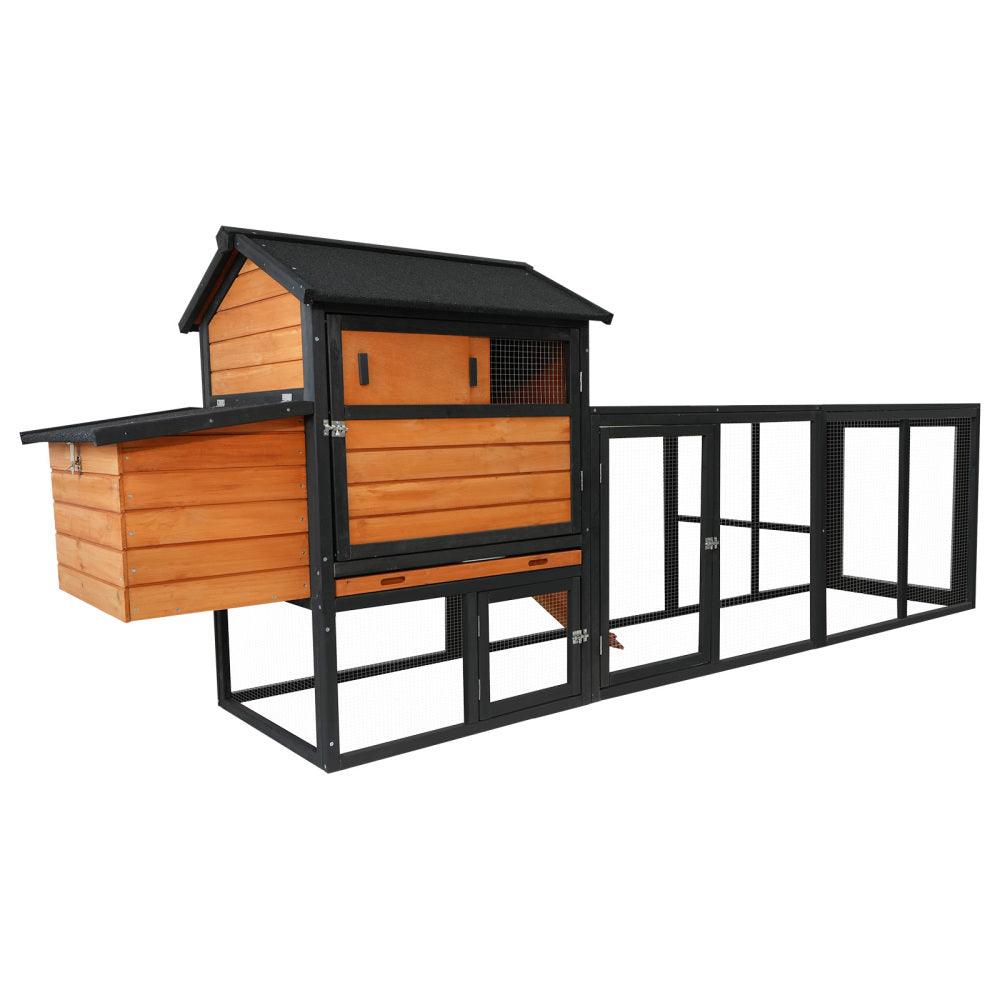 large main house,brown+black Wooden Chicken Coop, Large Outdoor Hen House with Run and Nesting Box Poultry Cage, Rabbit Hutch, Waterproof Anti-UV Panel for Backyard