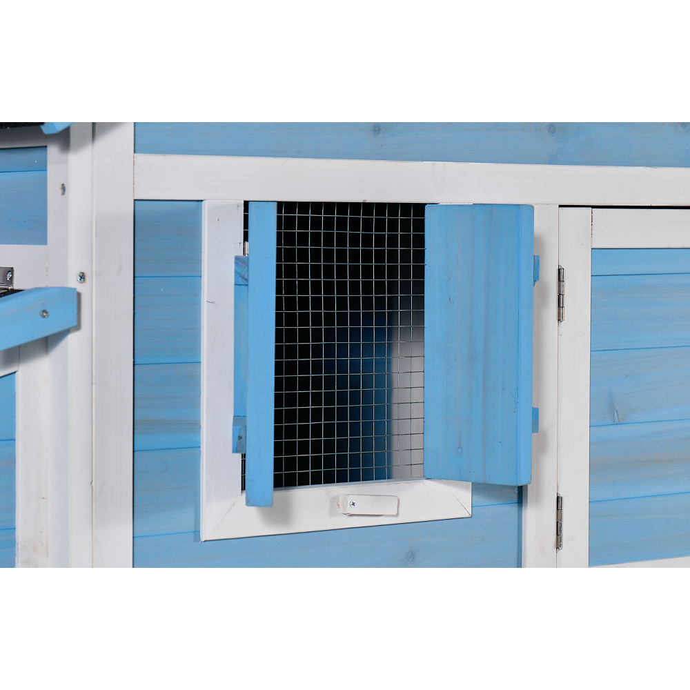 76" Wooden Rabbit Hutch Bunny Cage with Waterproof Asphalt Roof, Fun Outdoor Run, Removable Tray and Ramp, Light Blue