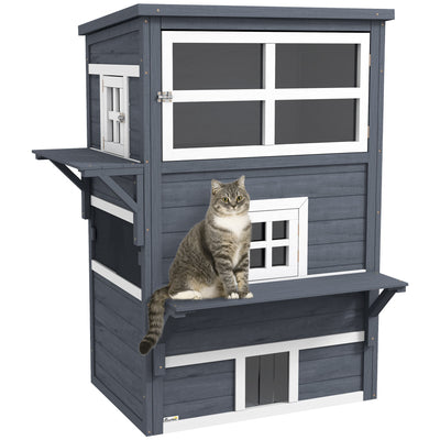 PawHut 3-Story Cat House Feral Cat Shelter, Outdoor Kitten Condo with Raised Floor, Asphalt Roof, Escape Doors, Jumping Platforms, Dark Gray