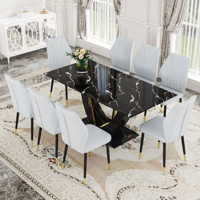 Black Marble Pattern Tempered Glass Dining Set - 71'x35.4' with 8 Light Gray PU Chairs With a Widened Backrest Design.