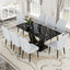 Black Marble Pattern Tempered Glass Dining Set - 71'x35.4' with 8 Light Gray PU Chairs With a Widened Backrest Design.