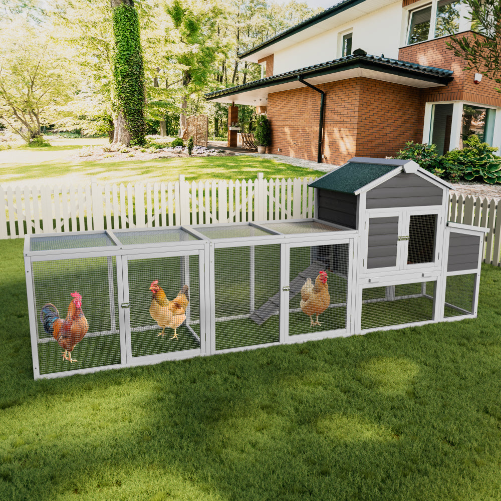 122" Large Gray Wood Chicken Coop Hen House Pet Rabbit Hutch Wooden Pet Cage Backyard with Nesting Box