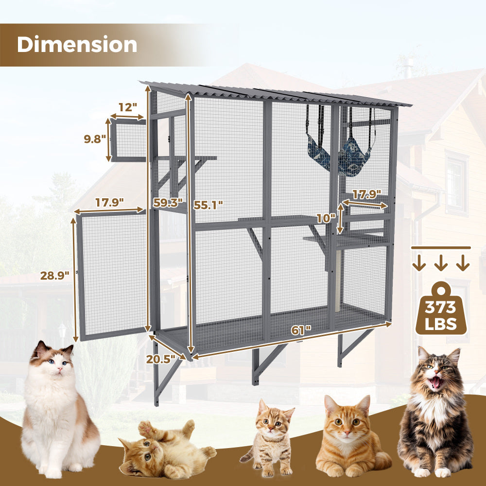 Large Cat Catio – Expandable Window Box Enclosure for Multiple Indoor Cats, Cat Perch House with 3 platforms,1 hammock and 3 doors, All-Weather Use