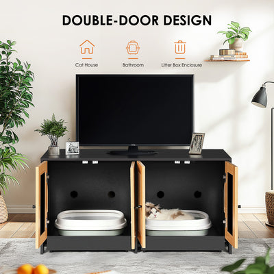 Double Litter Box Enclosure,Cat Litter Box Enclosure for 2 Cats, Hidden Litter Box Furniture with Rattan Doors, 47" L x 19.8" W x 21.8" H,Black