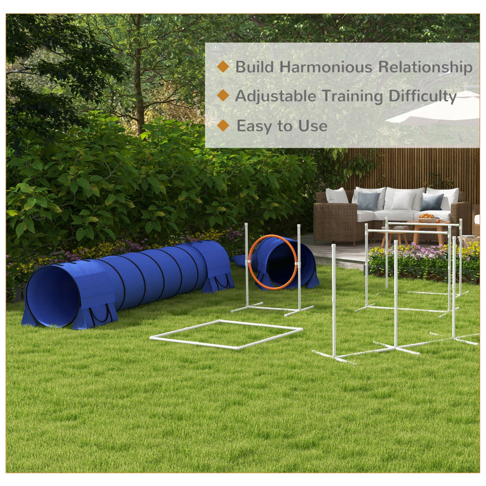 PawHut 7 Piece Dog Agility Training Equipment, Dog Obstacle Course Starter Kit with Tunnels, Weave Poles, Adjustable Hurdles, Jumping Ring, Pause Box, Whistle, Blue